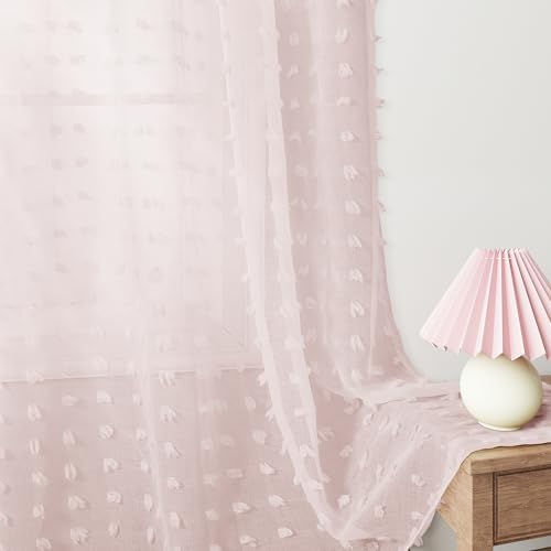 Guken Pom Pom Sheer Curtains 120 Length 2 Panels Pink