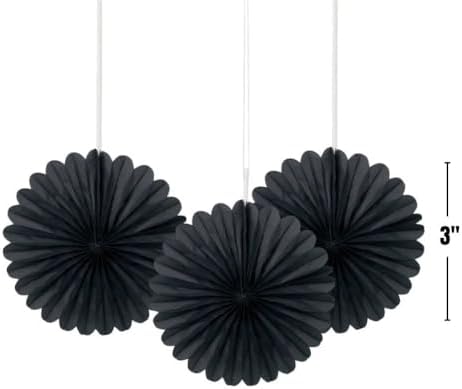 Solid Black Hanging Tissue Paper Fans 6 Inch 3 Pack