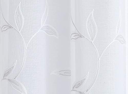 Warm Home Designs Sheer White Faux-Linen Curtain Panel with Silver Leaf Embroidery
