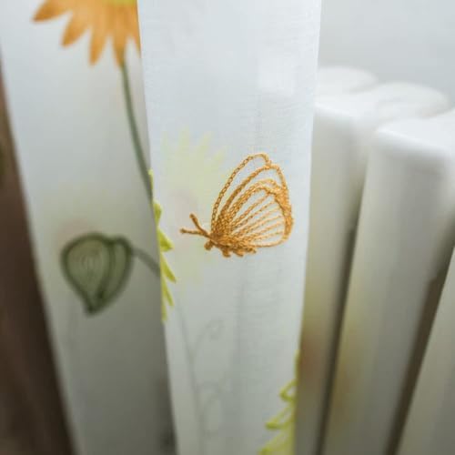 Pastoral Sunflower Embroidery Sheer Curtains Panel 100x102 Inch White