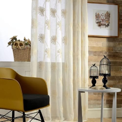 White Sheer Linen Cotton Thread Embroidery Panel Curtains 100x102 Inch