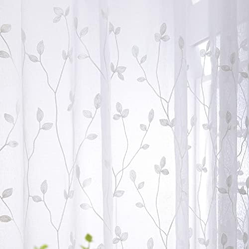Iuokuby Rustic Style Sheer Curtains with Embroidered Leaves Floral 2 Panels White