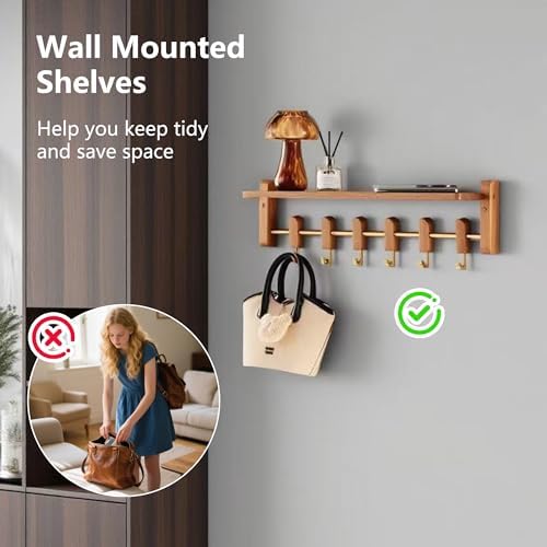 Floating Wall Shelf with 6 Hooks for Home Storage