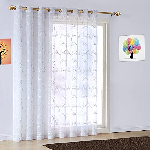 Warm Home Designs Sheer White Faux-Linen Curtain Panel with Silver Leaf Embroidery