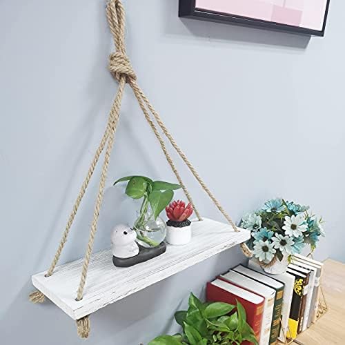 2-Piece Rustic White Wood Shelf Set with Hooks and Ropes