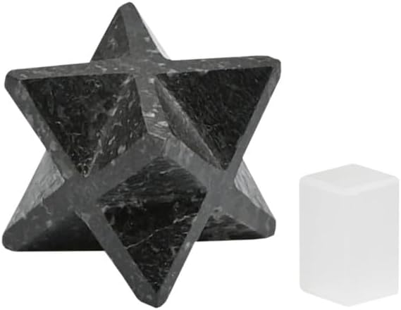 Natural Stone Black Nuummite Merkaba with Selenite Cube and Velvet Pouch - EDZZEL