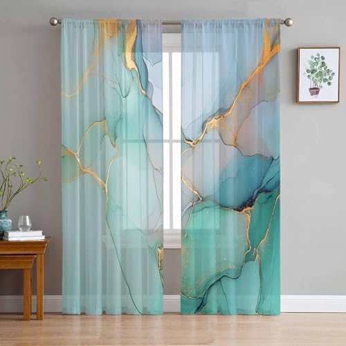 Marble Blue Green Sheer Curtains 84 Inch 2 Panels Set