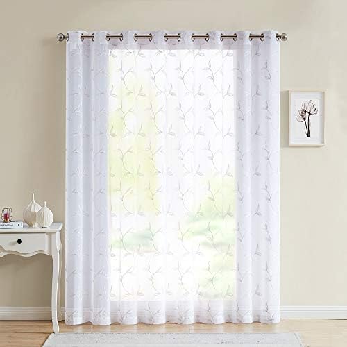Warm Home Designs Sheer White Faux-Linen Curtain Panel with Silver Leaf Embroidery