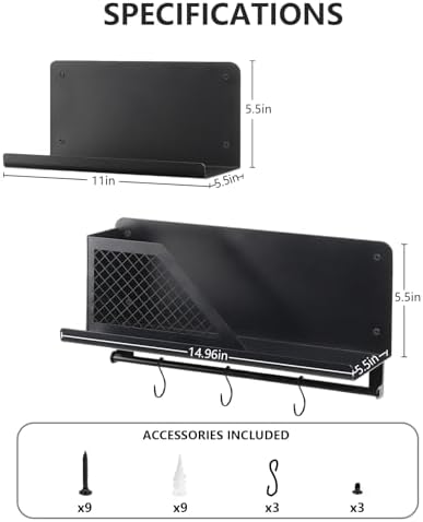 Floating Shelves Set of 2 with Black Rods and Hooks