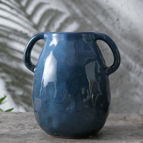Blue Ceramic Vase with 2 Handles - Modern Farmhouse Decor