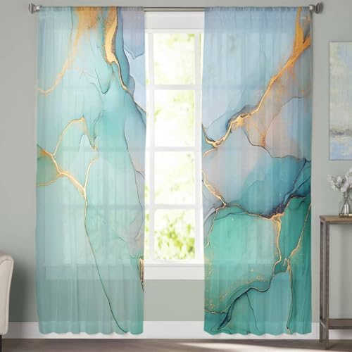 Marble Blue Green Sheer Curtains 84 Inch 2 Panels Set
