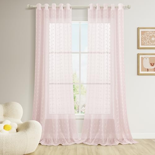 Guken Pom Pom Sheer Curtains 120 Length 2 Panels Pink
