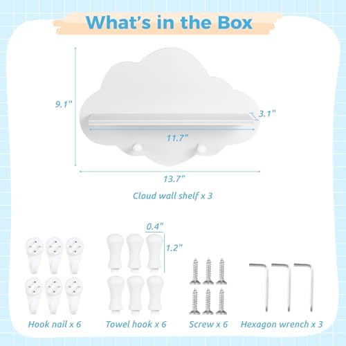 3PCS Wavy Cloud Wall Shelves White Kawaii Design