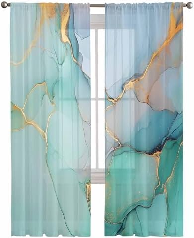 Marble Blue Green Sheer Curtains 84 Inch 2 Panels Set