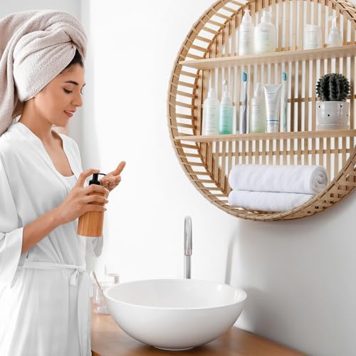 Pinkunn 2 Tier Round Rattan Wall Shelf Boho Decor