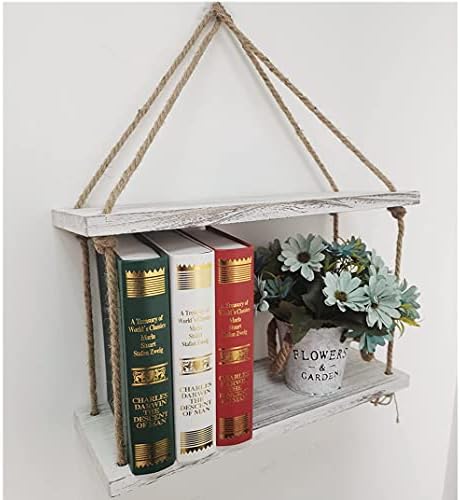 2-Piece Rustic White Wood Shelf Set with Hooks and Ropes