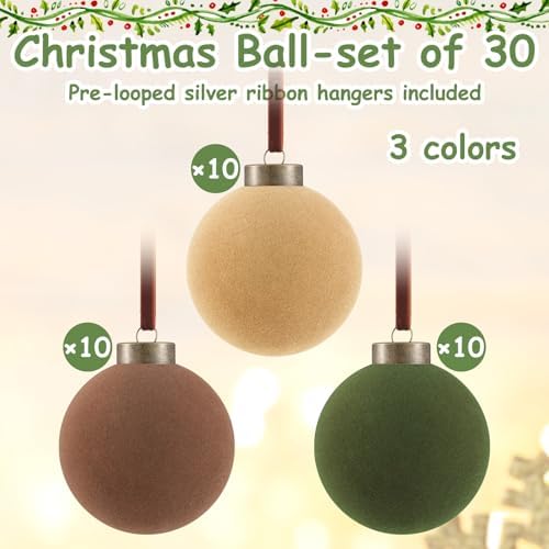 30Pcs Velvet Christmas Balls in Green Brown and Beige