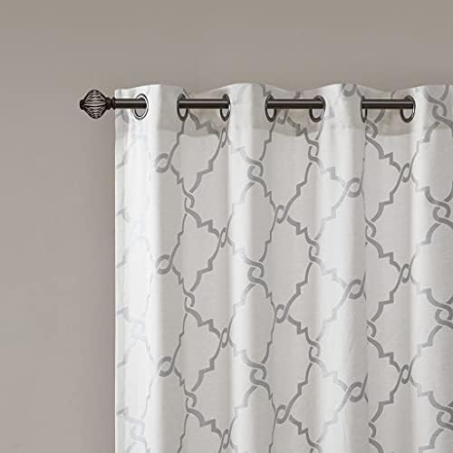 Fretwork Print Grommet Top Curtain Panel Ivory and Grey 50x108 Inches