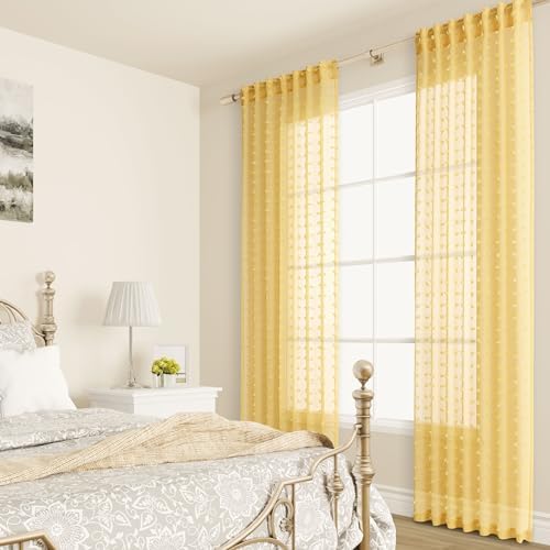 Guken Yellow Semi Sheer Curtains 2 Panels 108 Inches Long