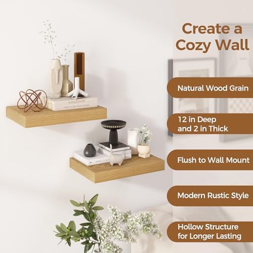 12 Inch Deep Floating Shelves 2 Pack Oak Wood