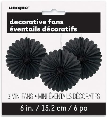 Solid Black Hanging Tissue Paper Fans 6 Inch 3 Pack