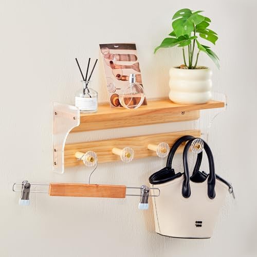 Floating Wall Shelves with Hooks 16 Inch Solid Wood
