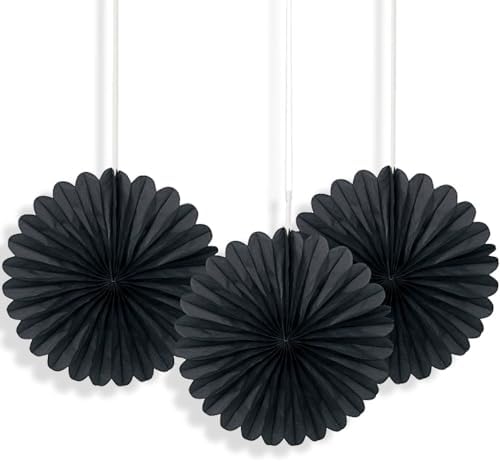 Solid Black Hanging Tissue Paper Fans 6 Inch 3 Pack