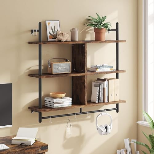 3 Tiers Wood Floating Shelving with Hooks