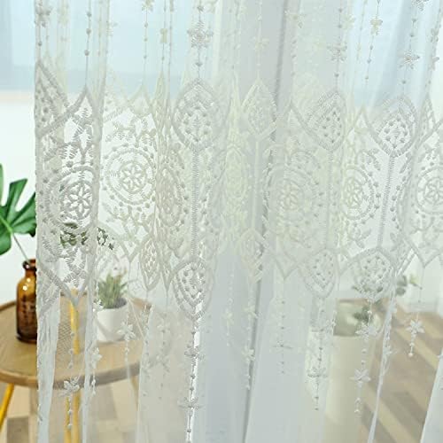 Iuokuby White Semi Line Sheer Curtains 2 Panels