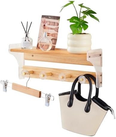 Floating Wall Shelves with Hooks 16 Inch Solid Wood