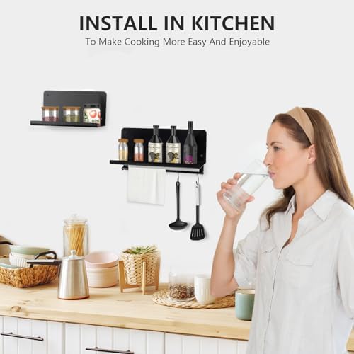 Floating Shelves Set of 2 with Black Rods and Hooks