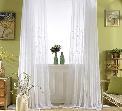 Iuokuby Rustic Style Sheer Curtains with Embroidered Leaves Floral 2 Panels White
