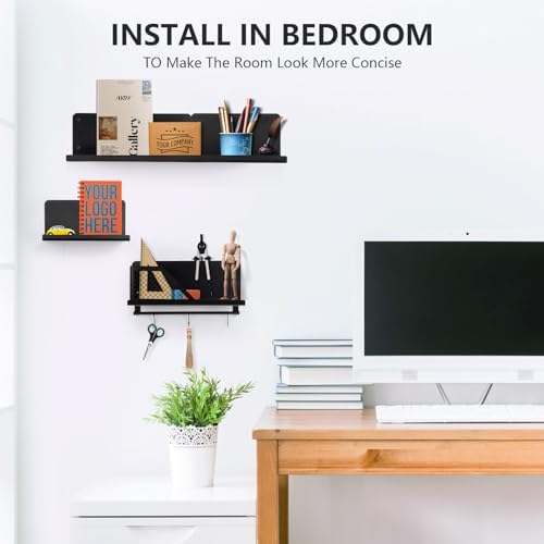 Floating Shelves Set of 2 with Black Rods and Hooks