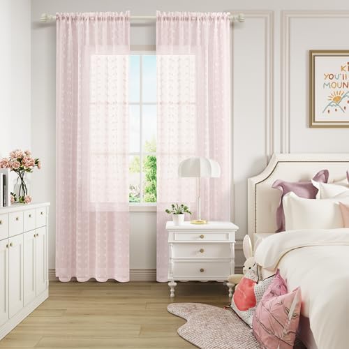 Guken Pom Pom Sheer Curtains 120 Length 2 Panels Pink
