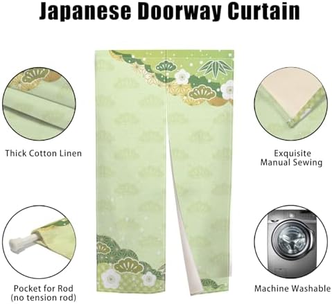 Japanese Door Curtain with Bloomy Flowers Design 34x48 Green
