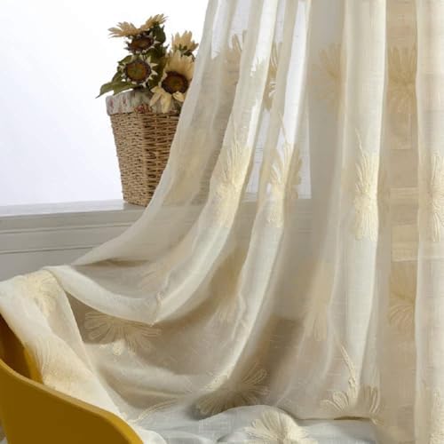 White Sheer Linen Cotton Thread Embroidery Panel Curtains 100x102 Inch