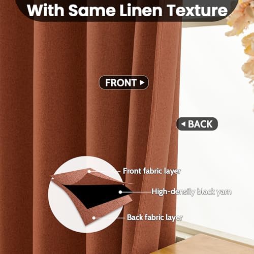 COSVIYA 100 Blackout Burnt Orange Linen Curtains 2 Panels Set