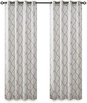 Fretwork Print Grommet Top Curtain Panel Ivory and Grey 50x108 Inches