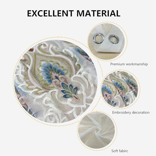 Elegant Floral Embroidered Sheer Curtains 2 Panels W80 X L96 Inch Grommet