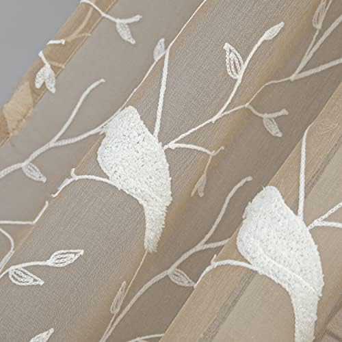 VOGOL White Bird Pattern Taupe Sheer Curtains 2 Panels