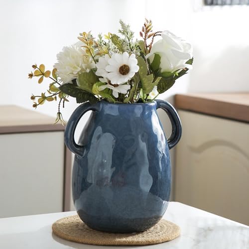 Blue Ceramic Vase with 2 Handles - Modern Farmhouse Decor