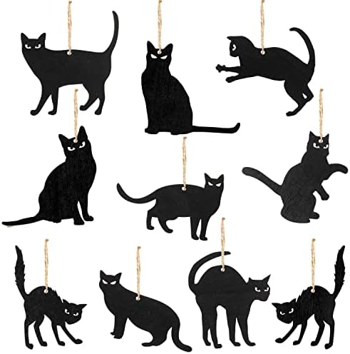 WATINC 31pcs Halloween Black Cat Wood Hanging Ornament