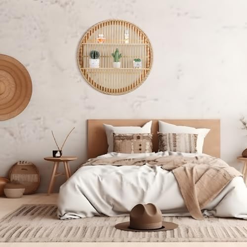 Pinkunn 2 Tier Round Rattan Wall Shelf Boho Decor