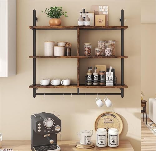 3 Tiers Wood Floating Shelving with Hooks