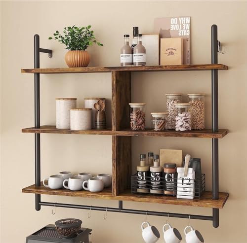 3 Tiers Wood Floating Shelving with Hooks