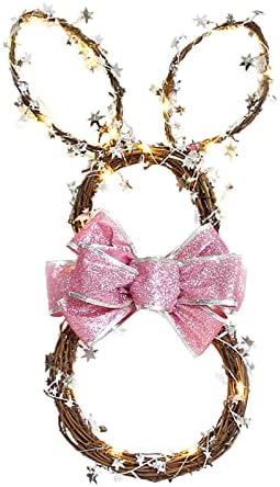Foldable Rattan Rabbit Wreath Hanger with LED Light