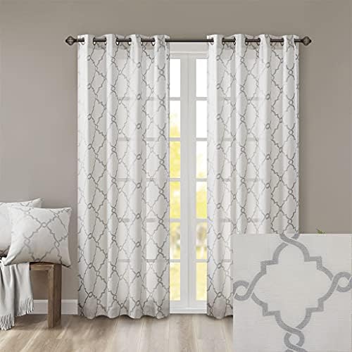 Fretwork Print Grommet Top Curtain Panel Ivory and Grey 50x108 Inches