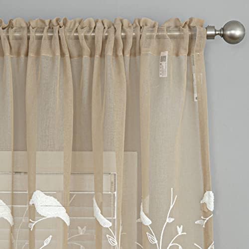 VOGOL White Bird Pattern Taupe Sheer Curtains 2 Panels