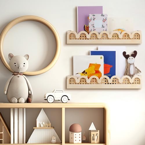 Pinkunn 2 Pcs Scalloped Rattan Wall Shelf for Nursery