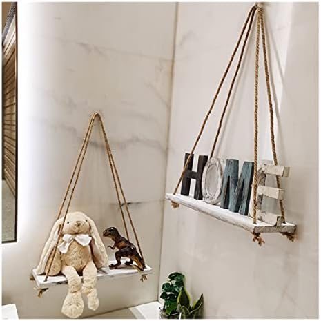 2-Piece Rustic White Wood Shelf Set with Hooks and Ropes
